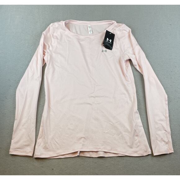 Under Armour HeatGear Womens Sz S Fitted Long Sleeve Shirt Pink White - Picture 1 of 9